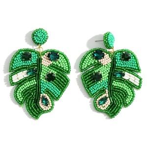 Green Beaded Leaf Print Earrings Rhinestone